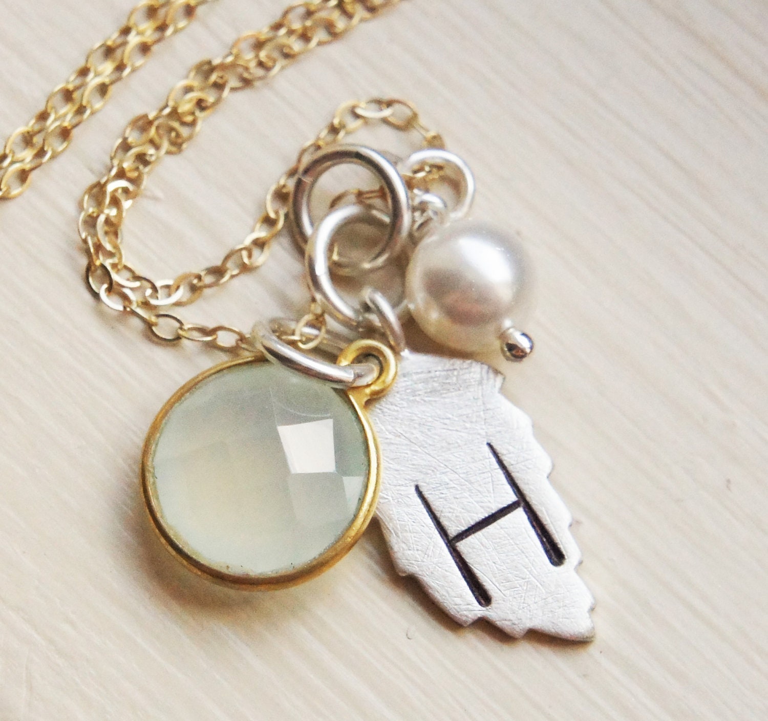 Initial Necklace Personalized Custom Hand Stamped Sterling Silver 14k Gold Fall Leaf Pearl Mint Light Green Aqua Chalcedony Charm Necklace