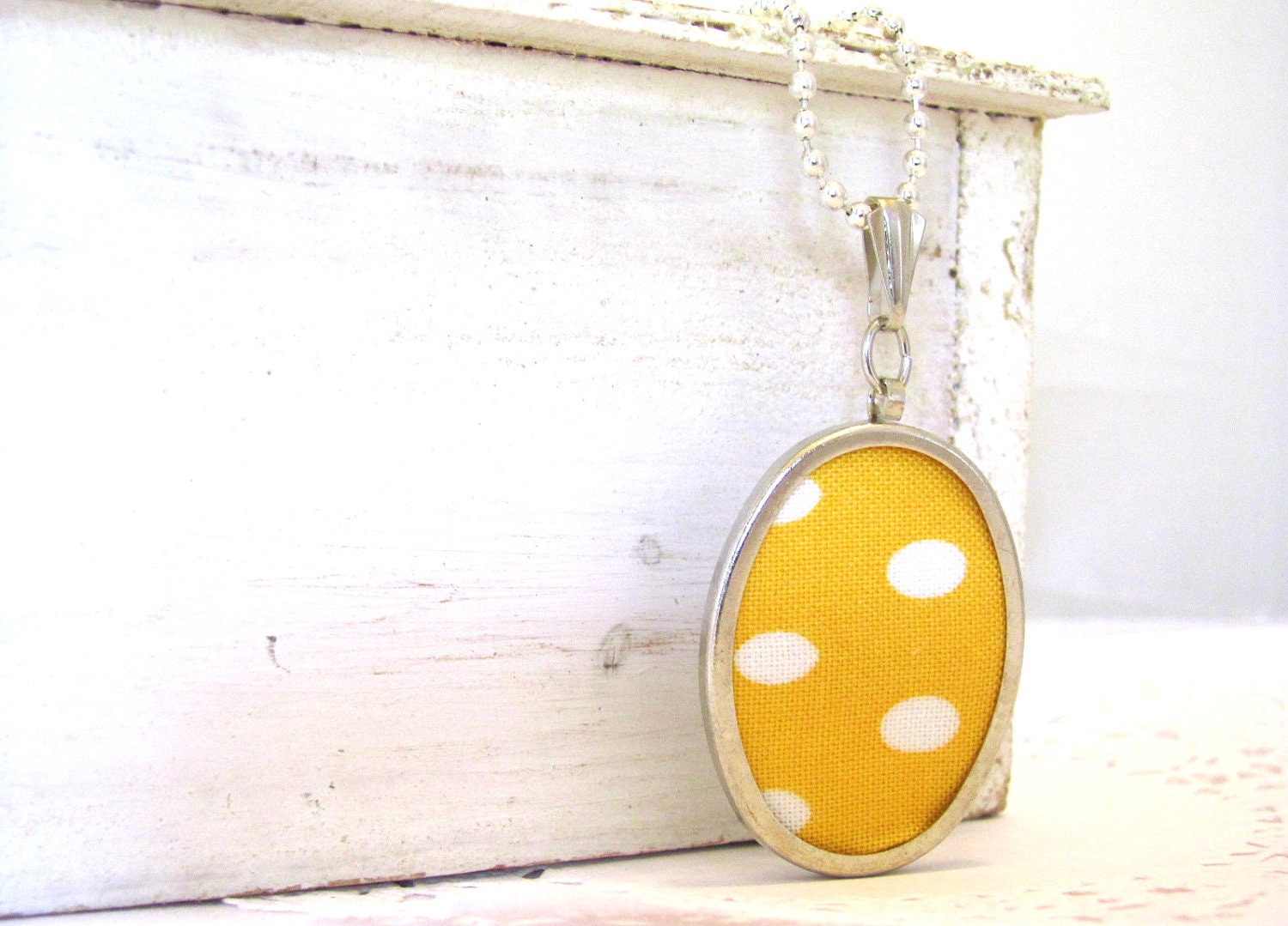 Spring Yellow and White, Round Polka Dot Necklace, Embroidered Hoop Necklace,Silver, Oval