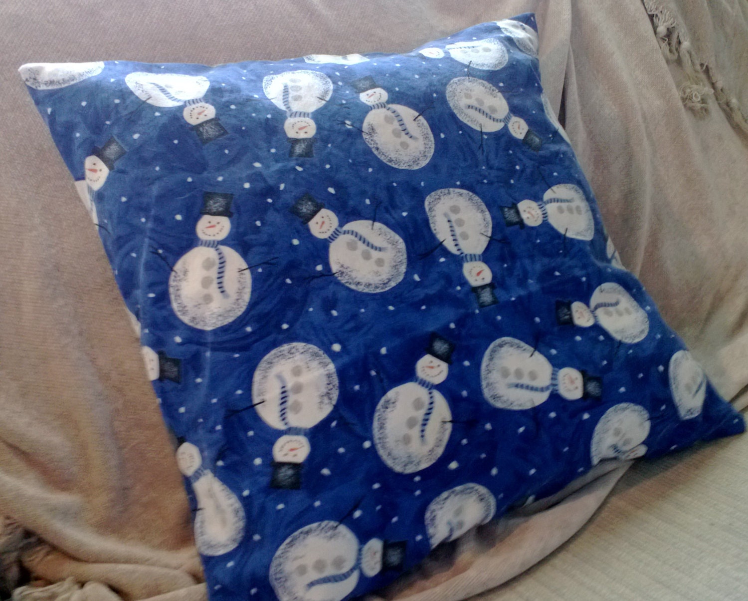Christmas Pillow Cover Blue with Snowmen Upcycled 18 Inch Square