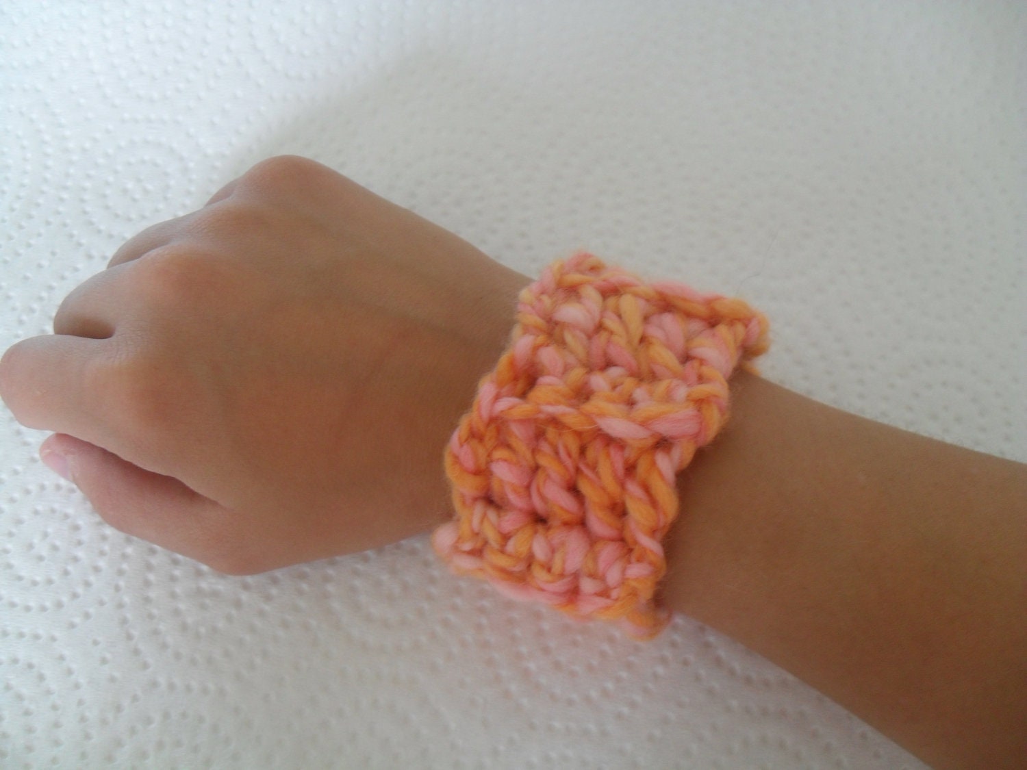 Handspun knitted wool bracelet citrus sherbet scootaloo
