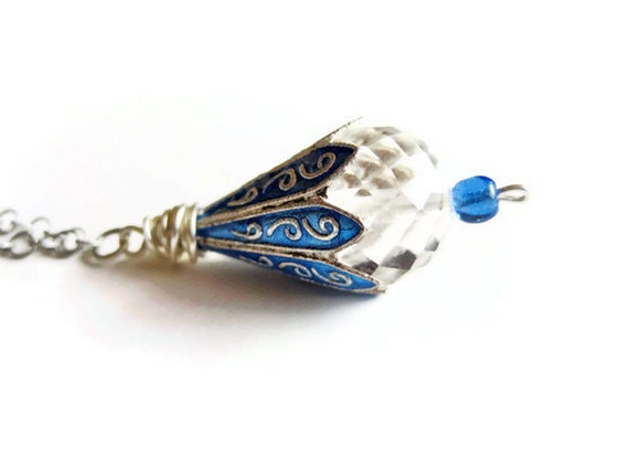 Blue Enamel and Crystal Pendant Necklace Vintage