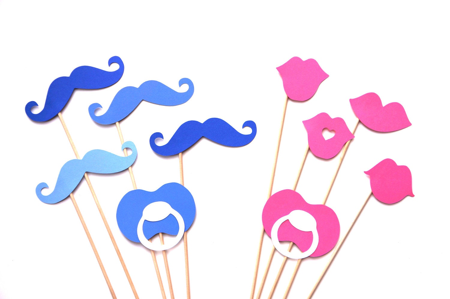 Gender Reveal Party - Baby Shower - Photo Booth Props - Pink and Blue Photo Props - Lips and Mustaches on a Stick - Pacifier Props