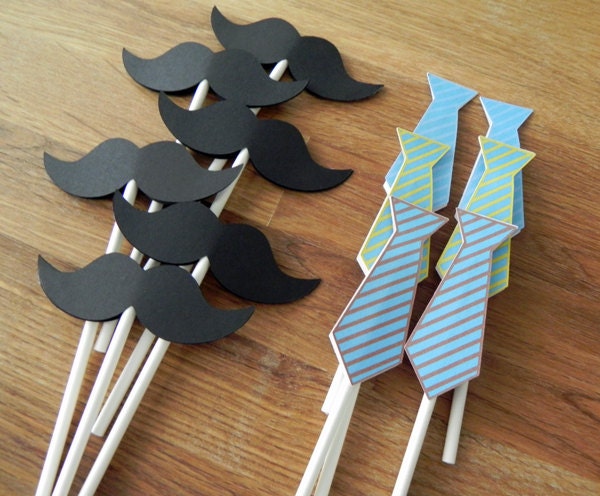 Cupcake Toppers: Little Man Ties and Mustaches Baby Shower or Birthday Party - die cut mustaches ties