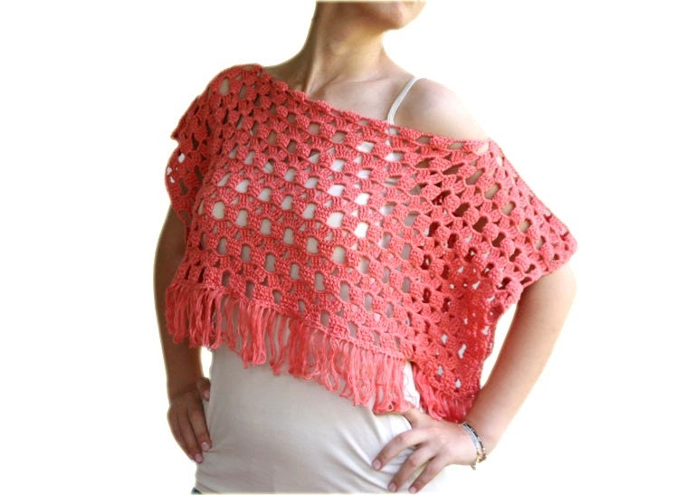 Peach Poncho with Fringes - Coral Crochet Cotton Cape - Spring Summer Fall Fashion - Women Teens Accessories