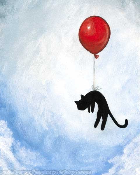Red Balloon Art Print, Flying Black Cat Artwork, 8x10 Childrens Room Illustration