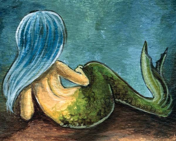 Blue Hair Mermaid Print, Fantasy Art, 8x10 Wall Decor, Nude Female Back, Fish Tail, Portrait Illustration