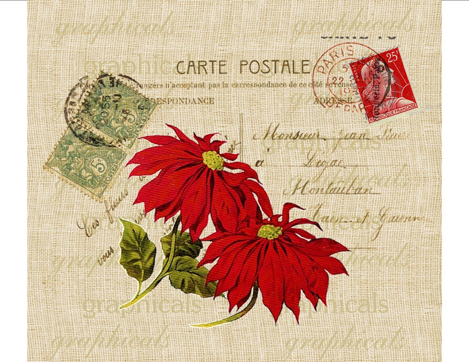 Christmas red poinsettia Carte Postale Paris Digital download image for iron on fabric transfer burlap decoupage pillows cards No. 1763