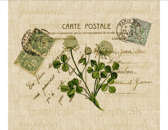 Digital download image Vintage Paris Carte Postale green clover spring transfer to fabric paper burlap pillows tote bags No. 557