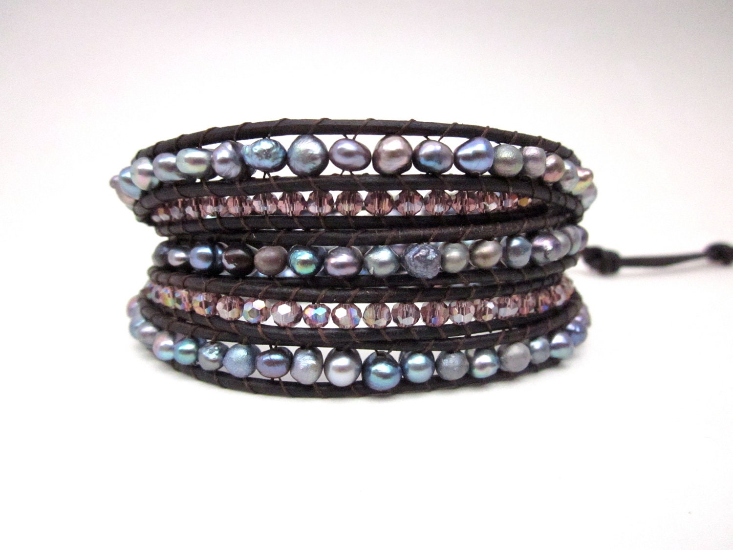 Dark brown leather wrap bracelet, purplish pinkish freshwater pearls and tiny purple crystals on dark brown leather, 5 wrap bracelet