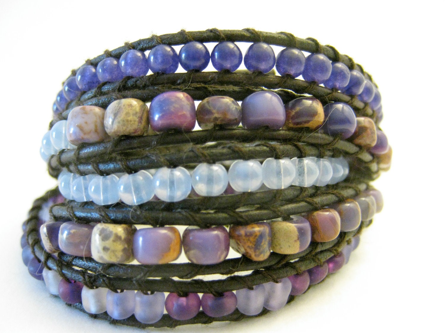 Beaded leather wrap bracelet, amethyst, dyed imperial jasper, blue aventurine, purples