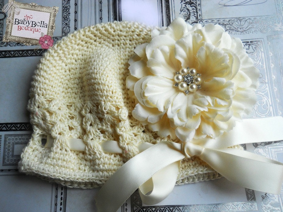 Baby Girl Ivory Crochet Flower Hat,crochet beanie -ivory  peony- Fits infants to toddlers - Baby shower