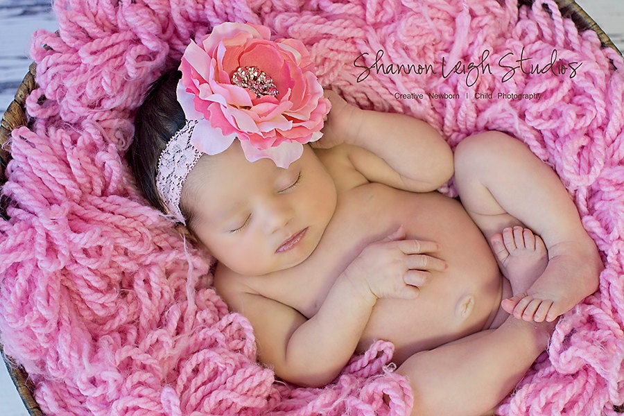 Sweet Pink Newborn Headband Pink Flower With Rhinestone Embellishment On Pink Lace Stunning Vintage Style Newborn Photo Prop
