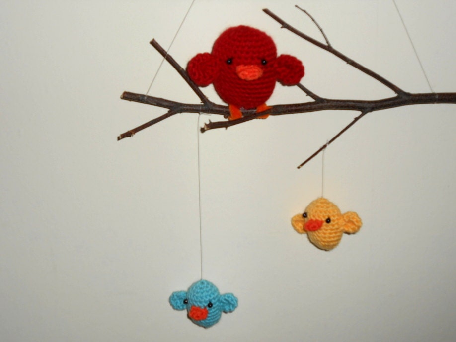NEW - Birdies with Real Branch Baby Mobile or Nursery Wall Hanging Red Blue Yellow Crochet Choose Your Colors Decor Shower Gift