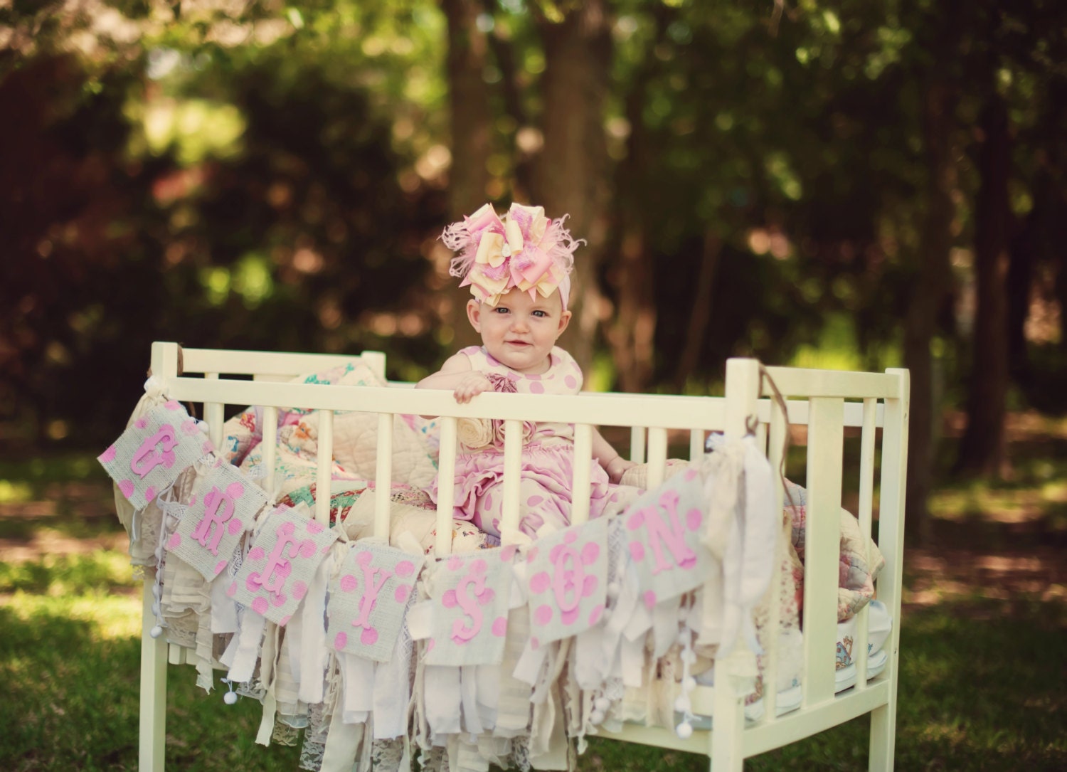 Ivory, White and Pink Polkadot Shabby Chic, Fabric Garland/Bunting with Burlap name banner, Photography Prop, Photo Booth, Newborn Baby Girl