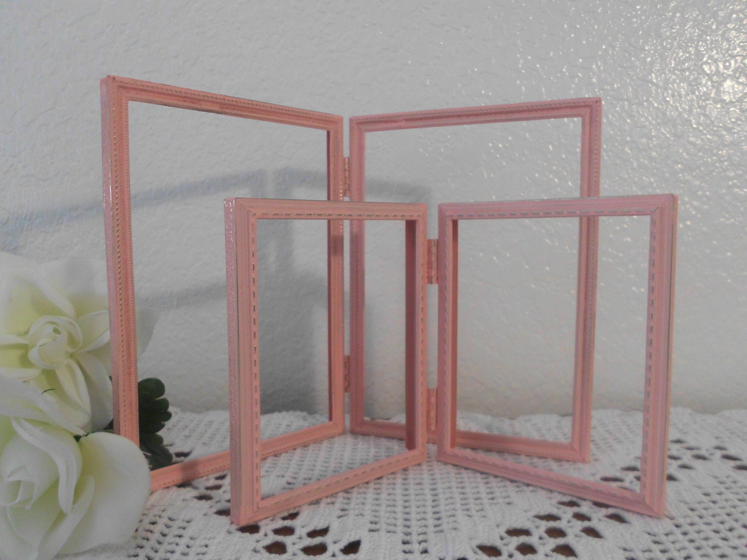 Peach Pink Shabby Chic Gold Metal Folding Frame Wedding Set Birthday Gift for Her 8 x 10 5 x 7 Ornate Chippy Distressed Cottage Home Decor