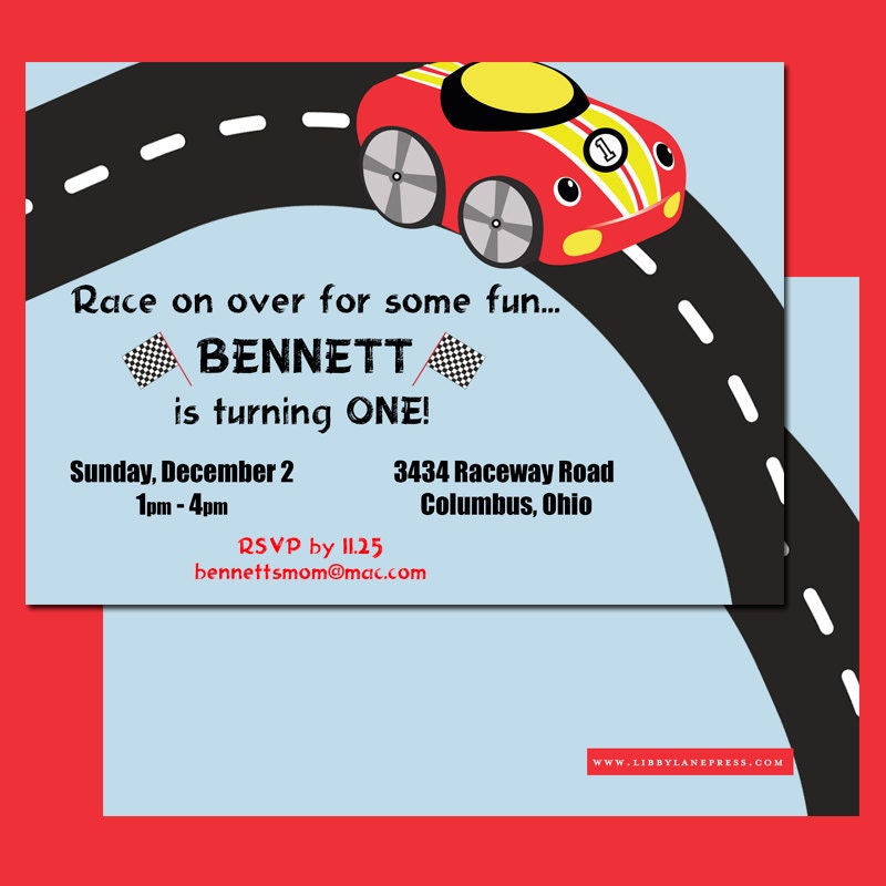 RACE CAR Birthday Invitation, red car, Printable 5x7- Libby Lane Press Il_570xn
