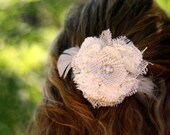 Burlap and Lace Hair Clip - Pearl Center with Feathers