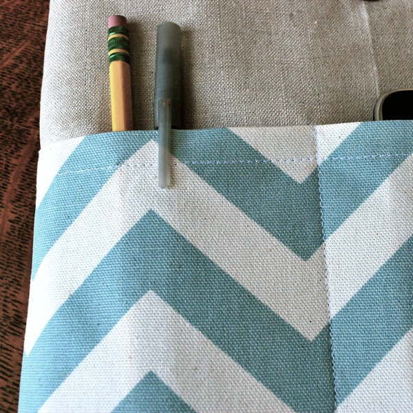 15 inch laptop Macbook Mac book Pro Cover Padded Case Sleeve - Linen with Village Blue Chevron Fabric Pocket