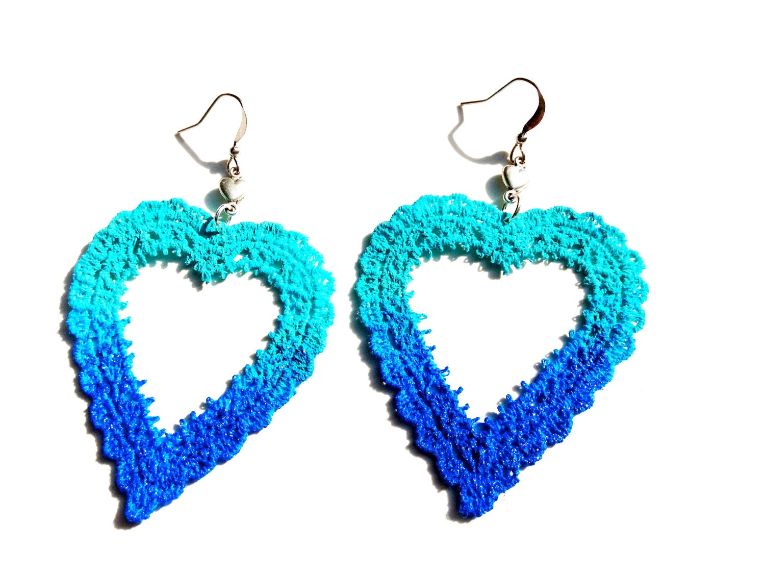 Lace Earrings - Aqua and Cobalt Blue Ombre Heart Hand Painted  - Customizable Colors - Lace Fashion