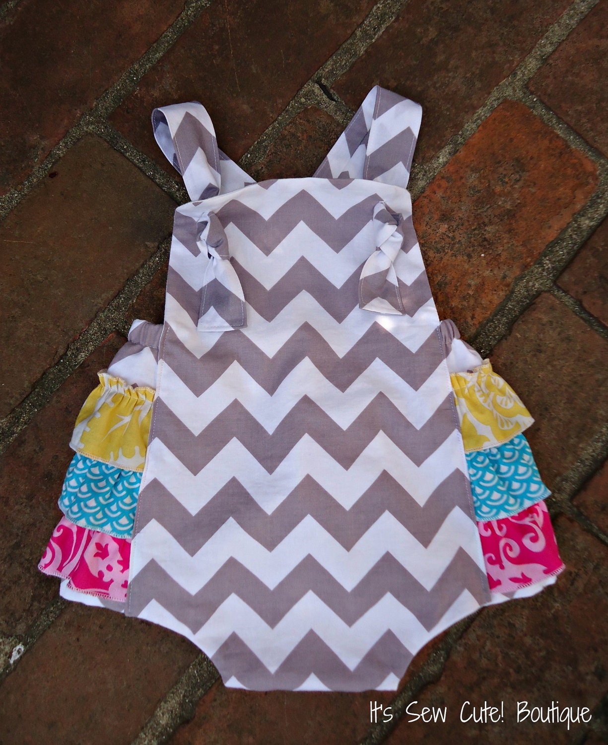 The Keeley -  Retro Knot Ruffled Sunsuit Romper for girls gray chevron Photo Prop