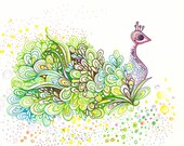 Green Peacock Drawing - Original Art with Sharpies, Copic markers, and LOVE.