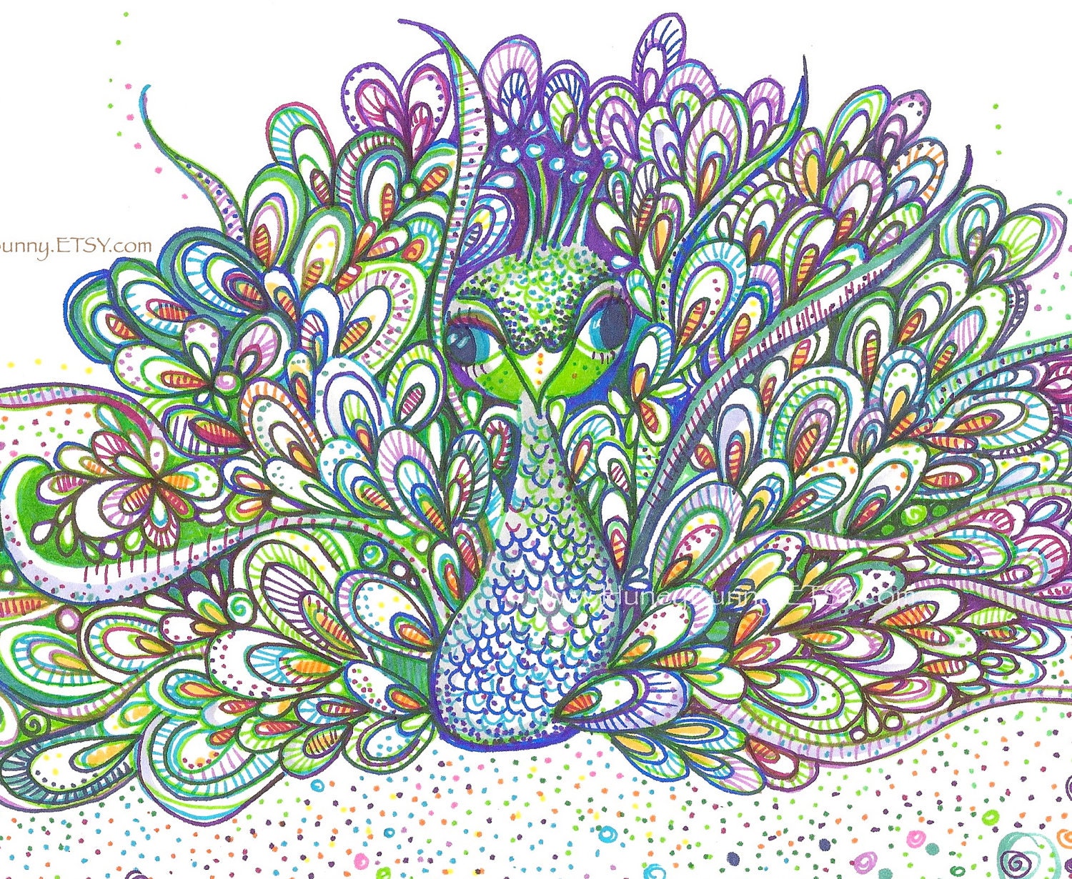 Green and Blue Peacock Drawing - Original Art with Sharpies, Copic markers, and LOVE.