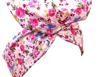 White Vintage Floral Print - Pin up WIRE ROCKABILLY Headband Hair Wrap