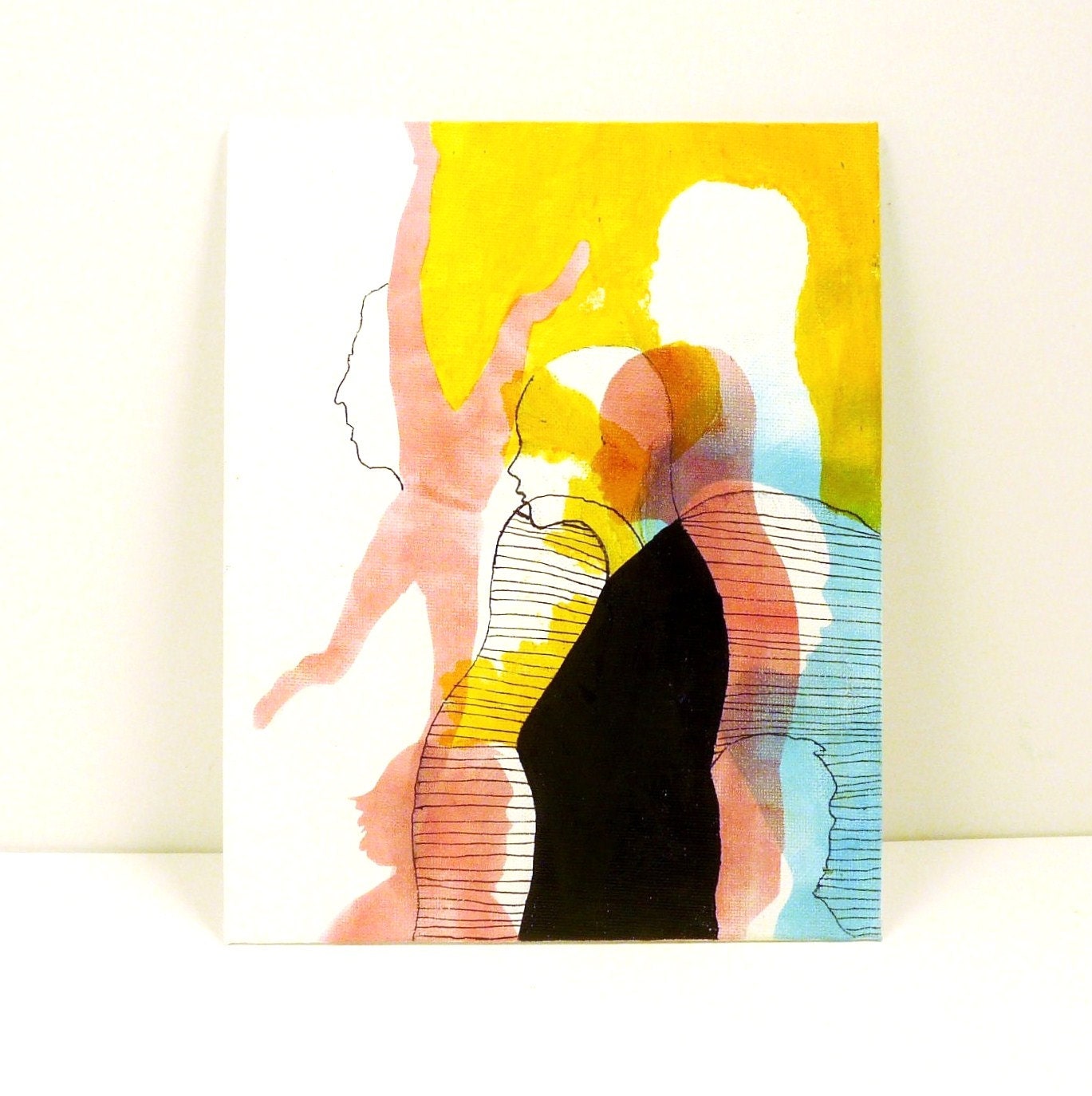 modern abstract painting  //  pop art colorful illustration  //  8x10 canvas, silhouettes, red, blue, yellow, ink drawing