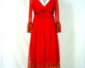 Designer Silk 1970s Empire MOLLIE PARNIS Cherry Red Super Plunge Cleavage Dress - Trumpet Sleeves Original Tag