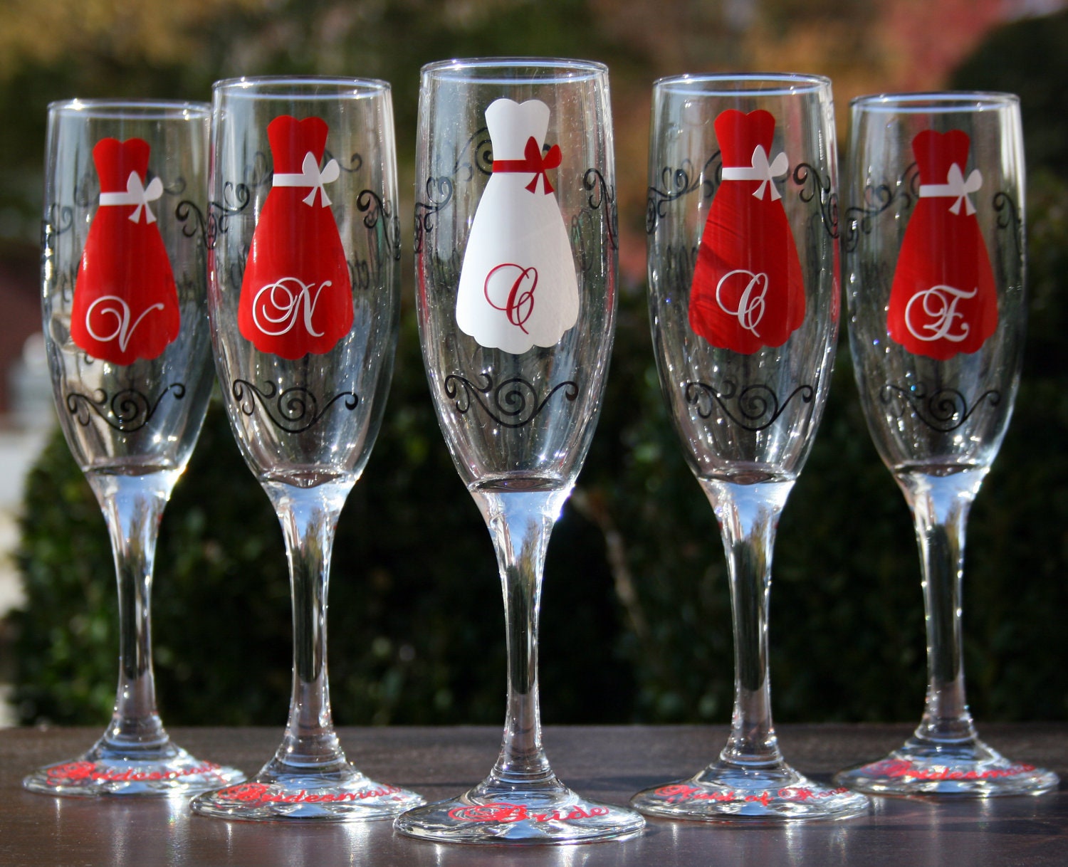 5 Personalized Bridesmaid Champagne Flutes with Strapless Gowns