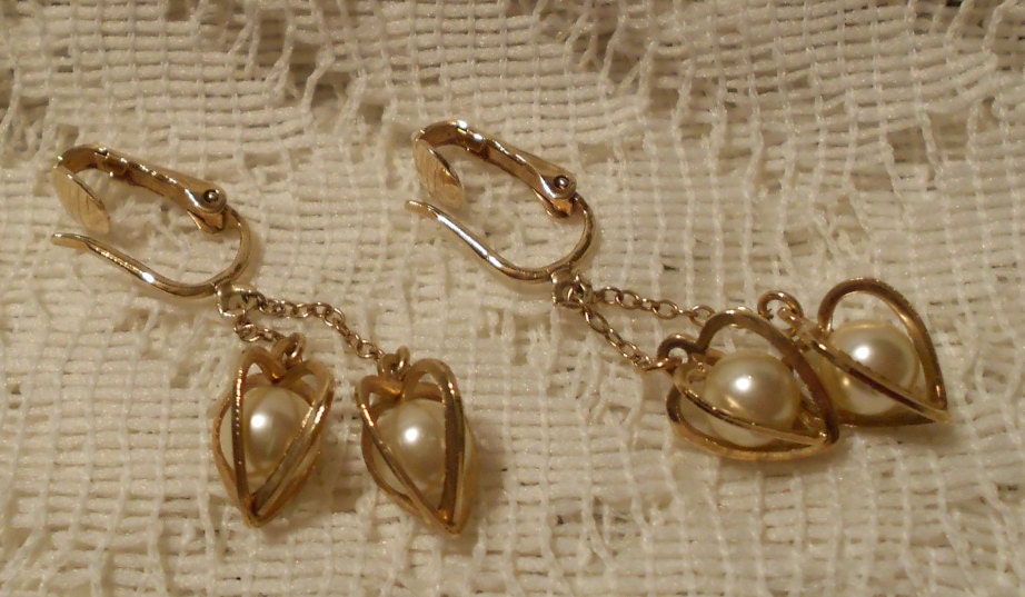 Vintage Gold Tone 3-D Heart and Pearl Dangle Earrings by Emmons