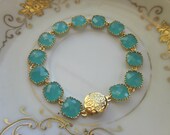 Aqua Blue Mint Bracelet Gold Plated - Glass Square Blocks - Bridesmaid Bracelet - Bridal Bracelet - Wedding Jewelry - Christmas Gift