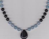 Black Jasper & Sapphire Beaded Necklace with Onyx Teardrop, Beadwork, Statement Necklace