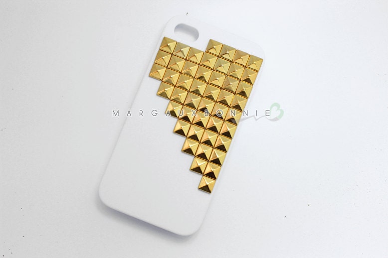 Gold Studs iPhone 4 4S White Rubberized Matte Studded Phone Case AT&T Verizon Sprint