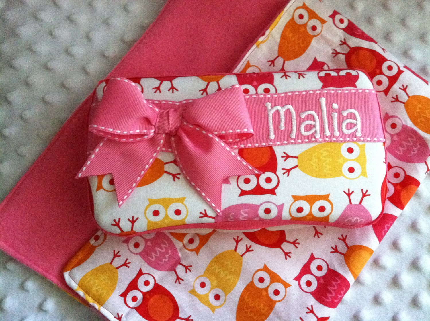 Custom Personalized Pink Owls with a Bow and Name Embroidered Boutique Diaper Baby Wipes Case and Matching Travel Changing Pad Set
