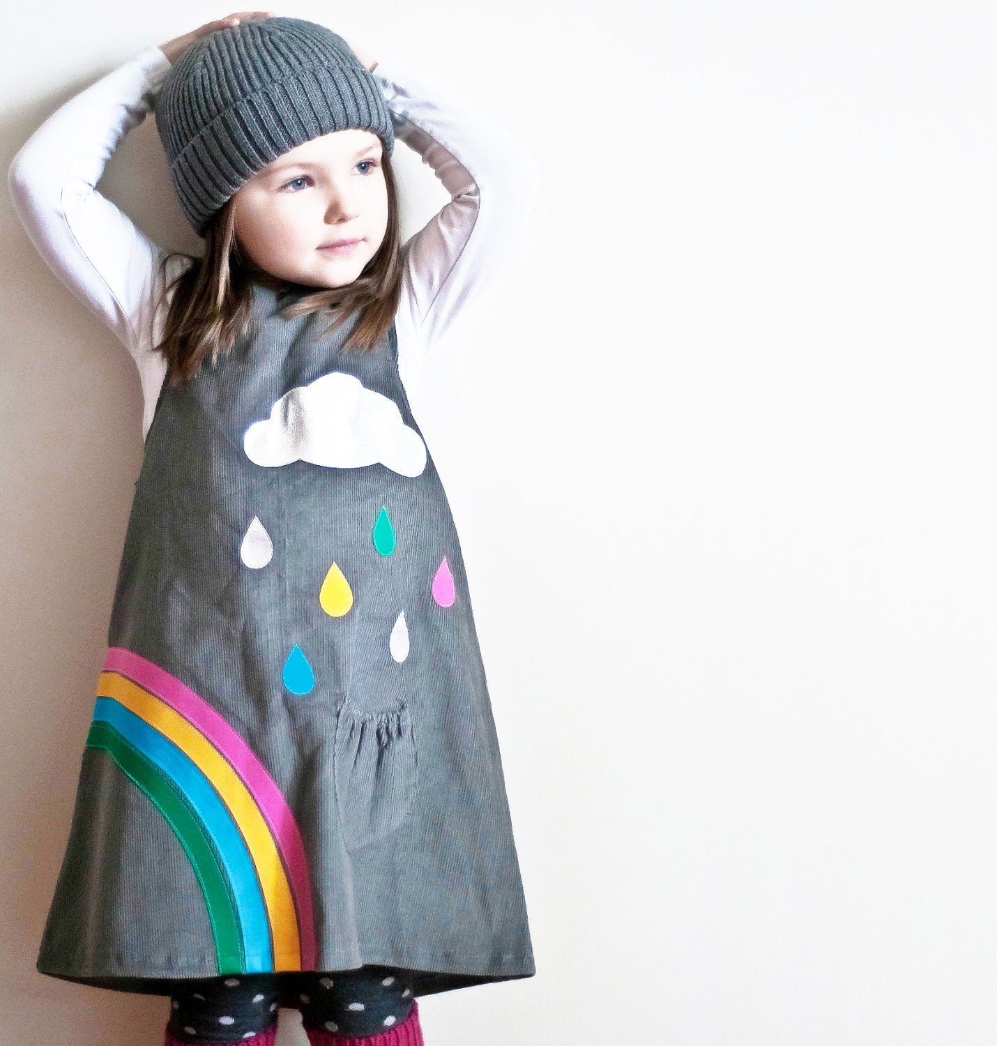 RAINBOW & silver cloud- Little girls dress-grey corduroy age 6M to 6T-Wild Things Dresses