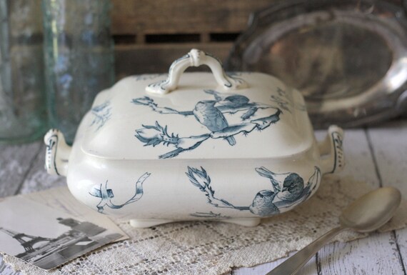 RARE - Antique French Terre de Fer (Ironstone) Covered Casserole Dish - Birds/Floral - circa 1890's