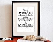 Printable Christian Poster. Proverbs 24:3-4. Wisdom. Understanding. Knowledge. 8x10. DIY. Bible Verse.