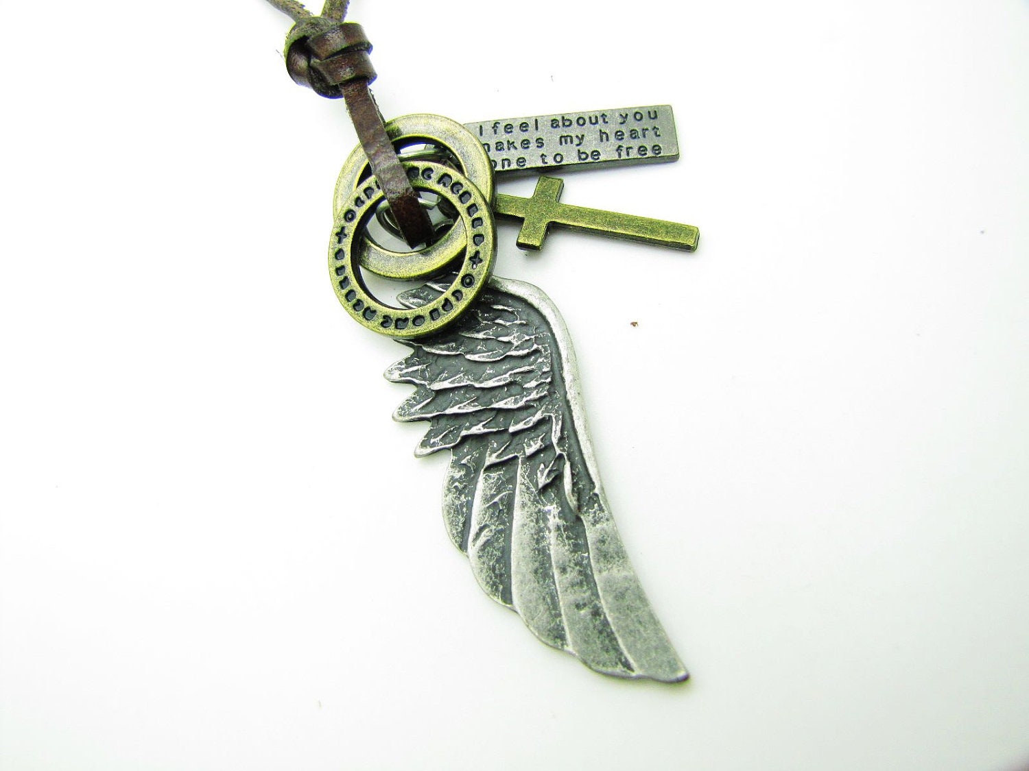 Brown real Leather and alloy Wing pendant adjustable necklace mens necklace  unisex necklace cool necklace B64