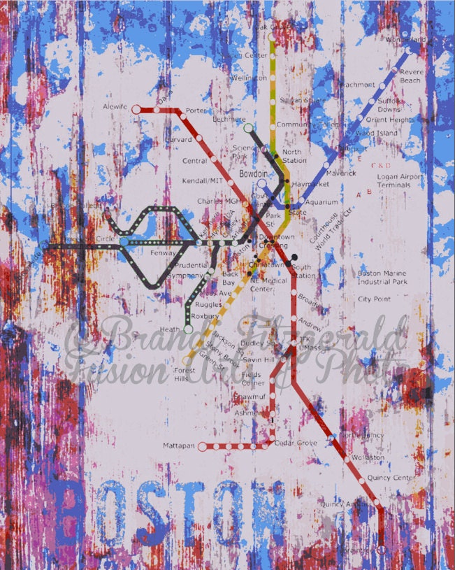 Transport Me to Boston.   8" x 10"  Boston T City Transportation Map Fusion Paintographic Art Print