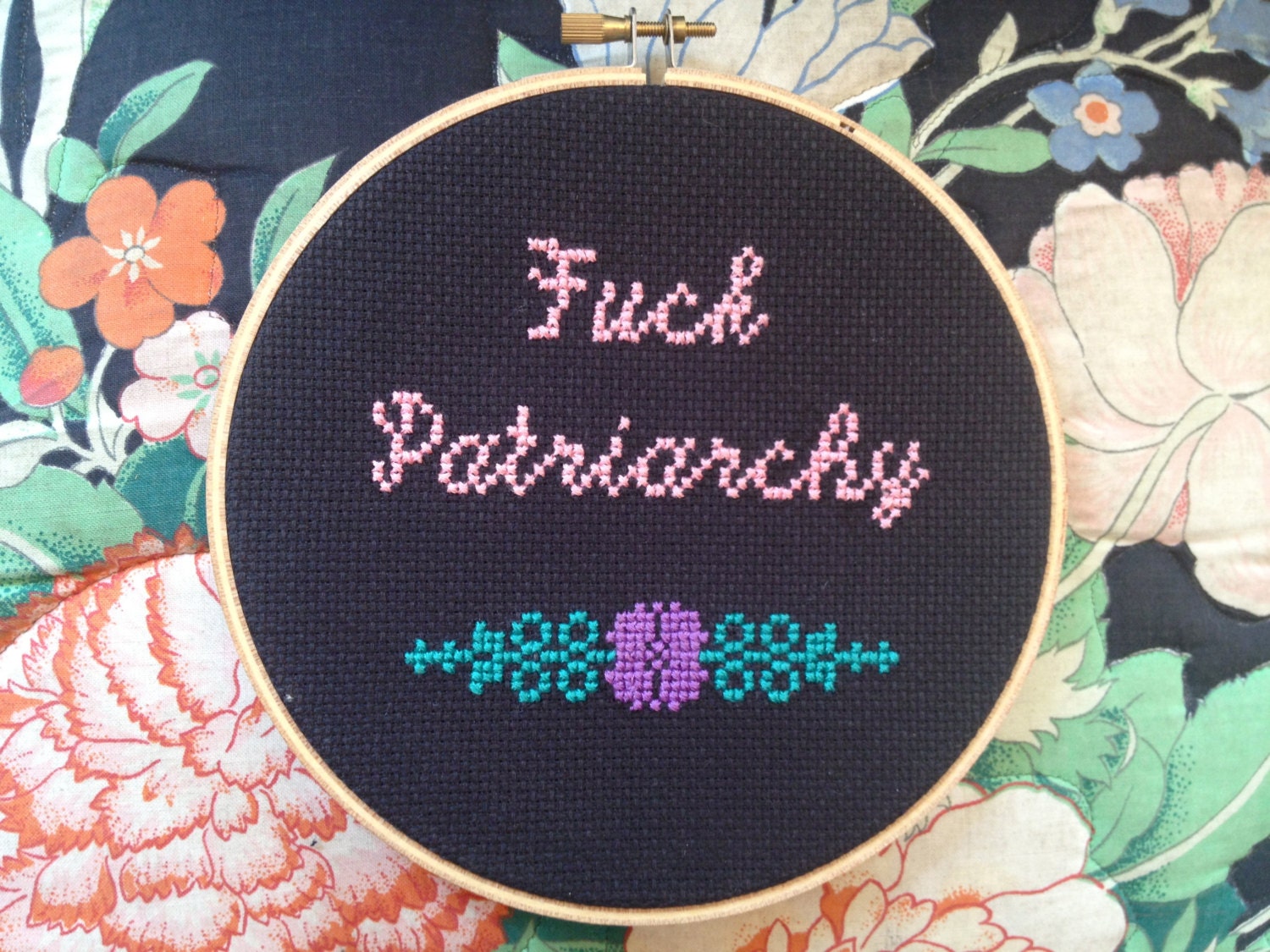Fuck Patriarchy Riot Grrrl Flower Cross Stitch