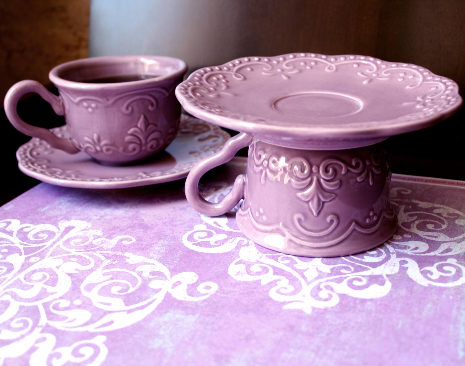 Single Cupcake Stand / Vintage Tea Party Decor in Lilac, Lavender or Light Purple / Creme Brulee Pedestal / Housewarming Gift Hostess Gift