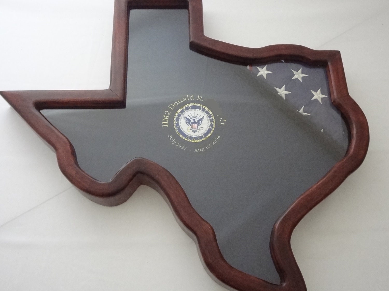 Texas Shaped Shadowbox with Custom Military Logo and Flag area