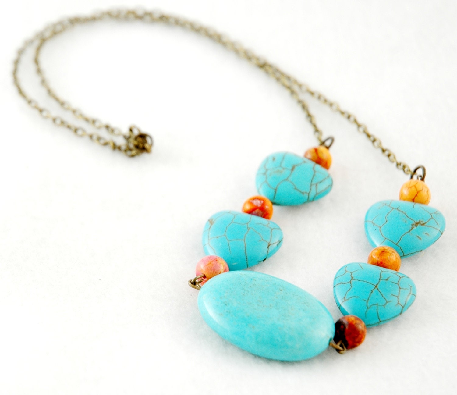 Turquoise hearts and orange beads on antiqued brass chain, handmade necklace - FindingBrooke