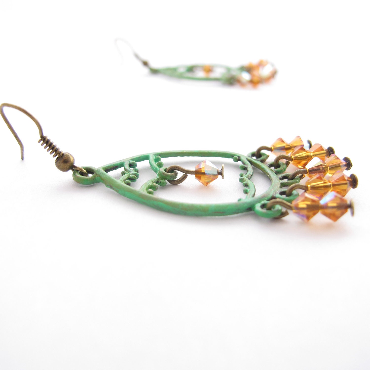 Rustic Chandelier Earrings, Orange Beads and Green Patina
