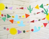 The Fiesta Garland, Paper Garland, Triangle Garland, Coral, Purple, Turquoise, Green, Light Blue, Birthday Decoration, Wedding Garland