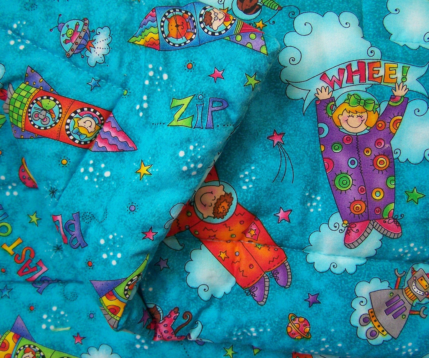 Space Kids & Robots - Stars and Planets - Bright Blue and Rainbow Colored COTTON FABRIC QUILT - Crib Lap Size