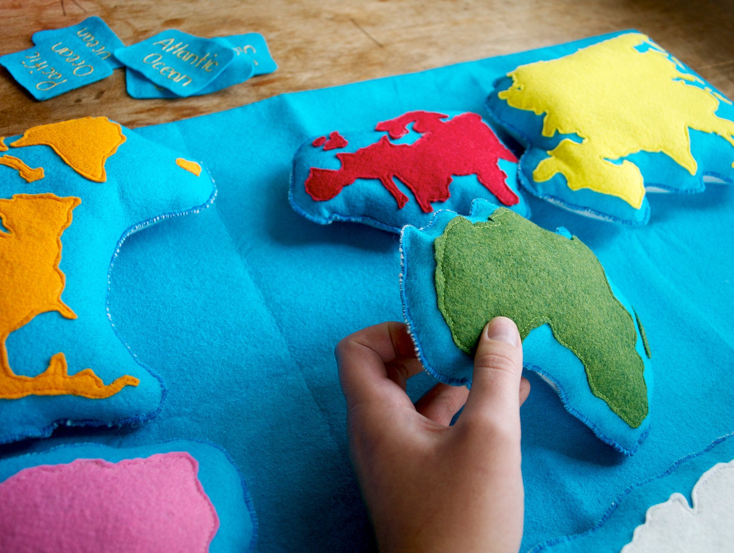 Handmade Montessori Work - Wool Felt Continent Geography learning tool by Aly Parrott on Etsy.