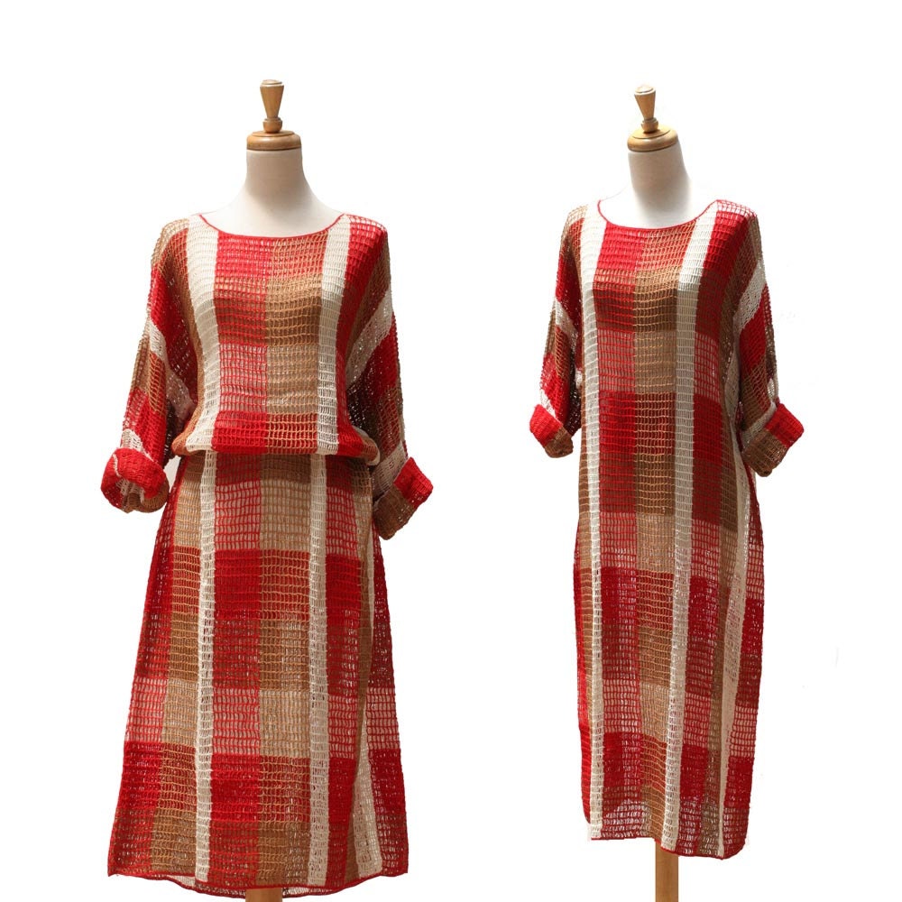red tan and white cotton crochet dress