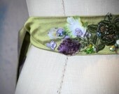 chartreuse green silk wedding sash belt engagement purple antique handpainted silk woodland